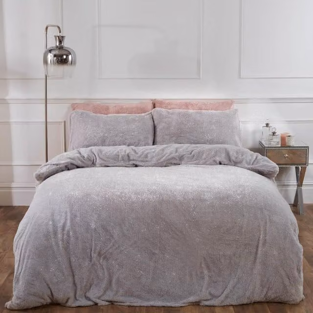 Sienna Reversible Glitter Teddy Duvet Cover and Pillowcase Set in Silver