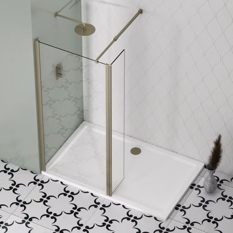 Royal Bathrooms Marbella 300mm Brushed Nickel Wet Room Flipper Panel Shower Screen with 8mm Clear Easy Clean Glass
