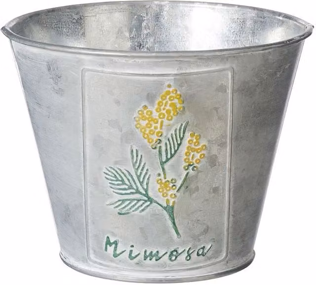 Mimosa Spring Vibe Floral Metal Plant Pot in Silver, Yellow and Green, Diameter: 15 cm