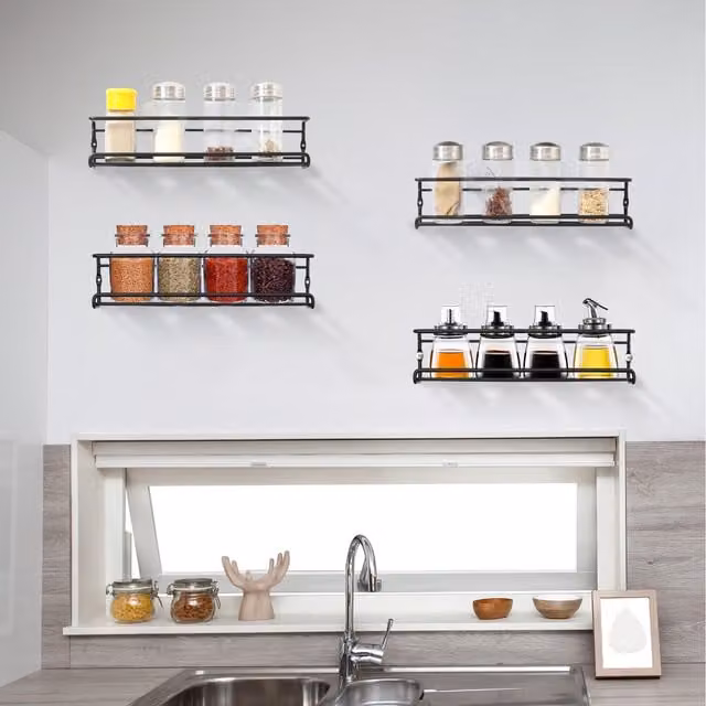 Livingandhome Set of 4 Modern Black Metal Wall Mounted Kitchen Spice Racks