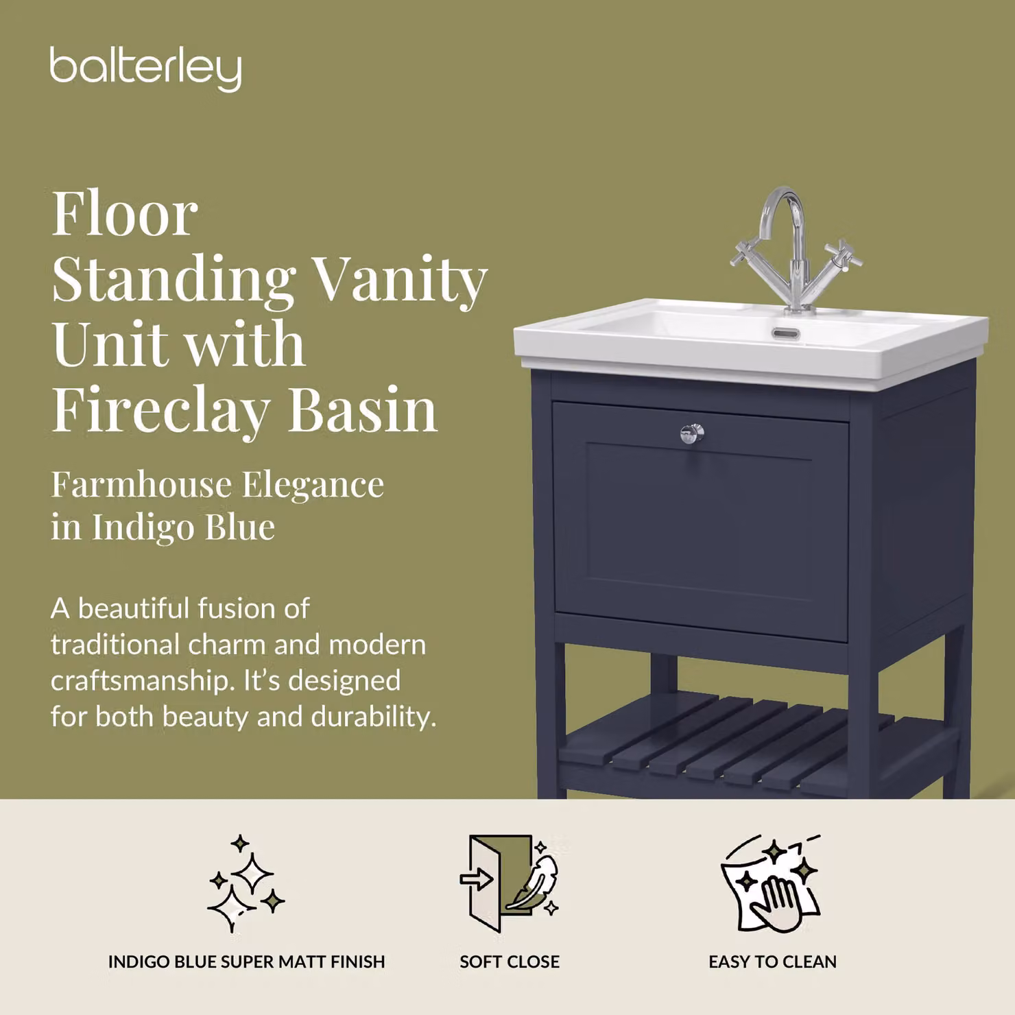 Balterley Blue 1 Drawer Bathroom Floor Vanity with 1 Tap Hole Fireclay Basin – 2