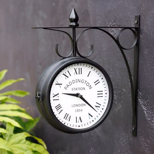 Primrose Double Sided Paddington Station Clock in Black with Black Bracket, Diameter: 31 cm