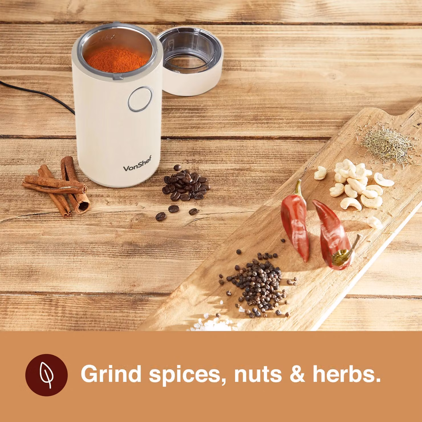 VonShef Electric Coffee and Spice Grinder with Stainless Steel Blades, 150W, Beige, 60g Capacity – 2