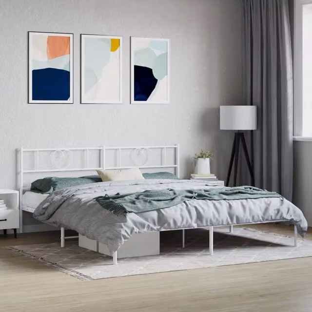 Berkfield Home Metal Bed Frame with Headboard in White, W/D: 200 x 200 cm – 1