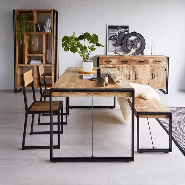 IH Design Industrial Metal and Wood Dining Bench in Brown