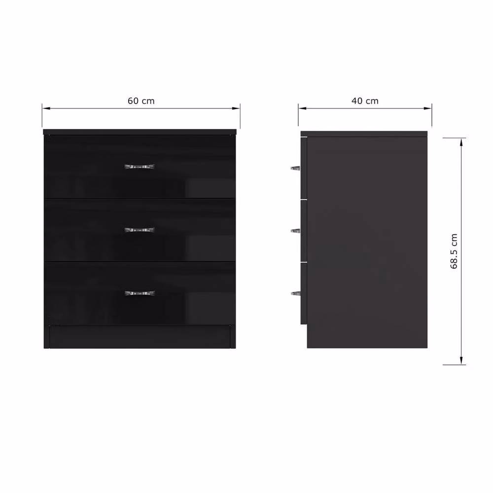 VOGREX 3 Drawer Black Gloss Bedside Table – 2