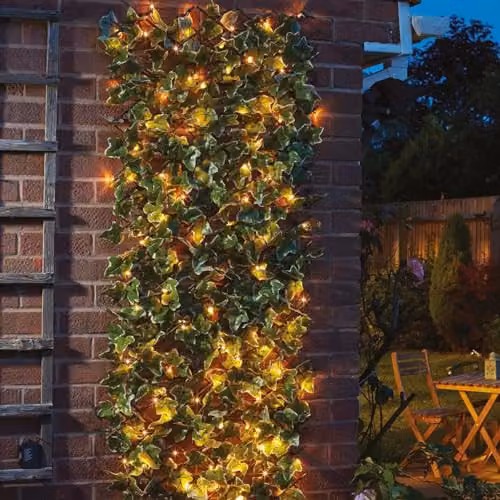 mysmartbuy Faux Ivy Trellis with 50 Solar Powered Warm White LED Lights, Green Artificial Hedge for Garden Wall or Fence Decoration, H180 x W60 cm