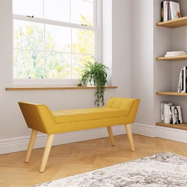 GFW Milan Mid-Century Upholstered Storage Bench in Yellow Fabric