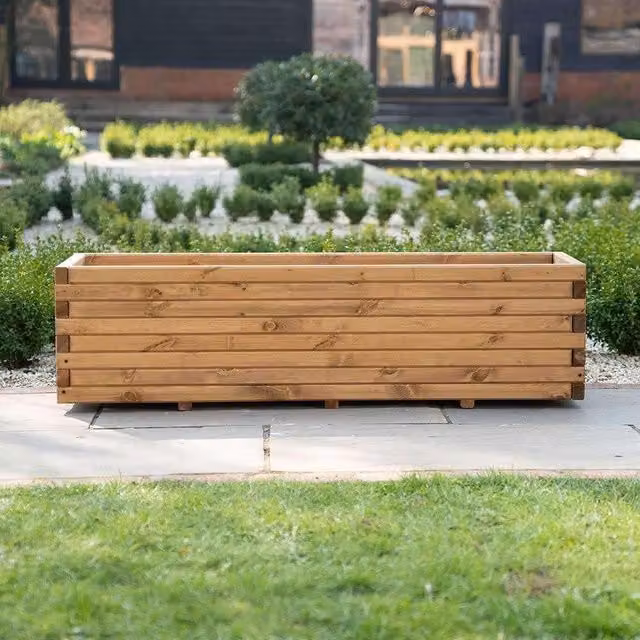 Primrose Wooden Pine Raised Flower Bed Outdoor Trough Planter, Brown, Length: 200 cm