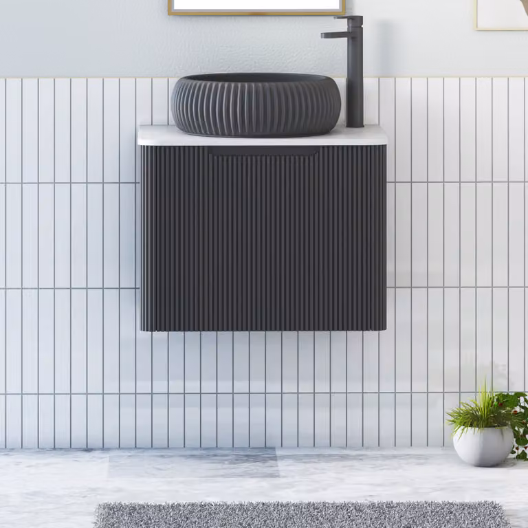 Royal Bathrooms Avenza Wall Hung Vanity Unit with Milan Black Basin, Matt Obsidian Black and Plain White Worktop, Width: 60 cm