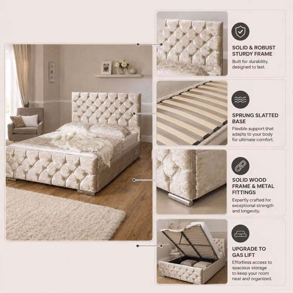 Stratus Interiors Florida Diamond Pattern Upholstered Plush Velvet Bed in Beige, Size: Double (140 x 200 cm) – 2