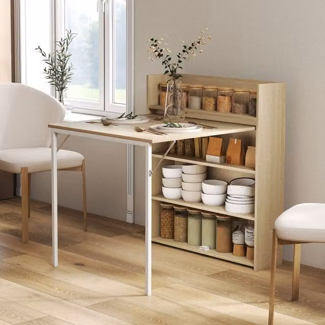 HOMCOM Folding Dining Table with Shelves in Grey and Oak Wood Effect