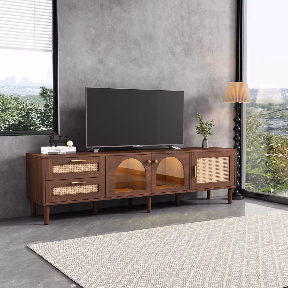 BTM Brown Rustic TV Cabinet with Rattan and LED Lights, W: 180 cm, D: 40 cm, H: 50 cm – 2