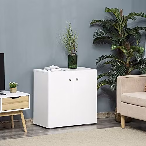 HOMCOM Modern White Wooden Freestanding Sideboard Cabinet with Two Shelves and Door, W/D/H: 70 x 39 x 70 cm – 2
