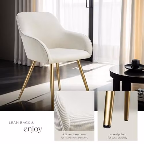 tectake Set of 4 Marilyn Dining Chairs in Cream Corduroy with Gold Metal Legs – 2