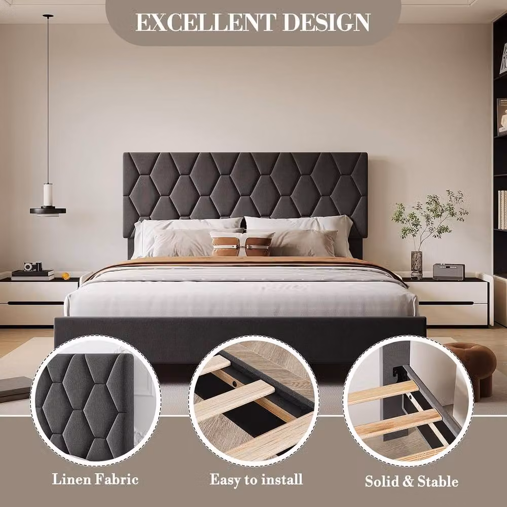 London Boutique Modern Double Size Upholstered Platform Bed Frame with Headboard in Grey, W/D/H: 140 x 200 cm – 4