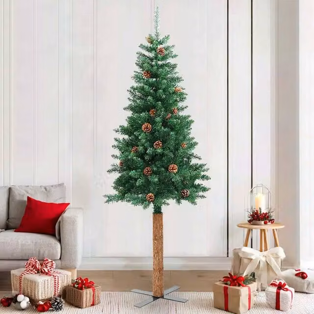Berkfield Home Slim Green Christmas Tree with Real Wood and Cones, Height: 210 cm – 1