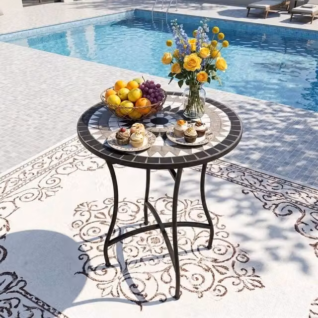 EONLION Modern Round Mosaic Garden Side Table in Black, Diameter: 100 cm – 1