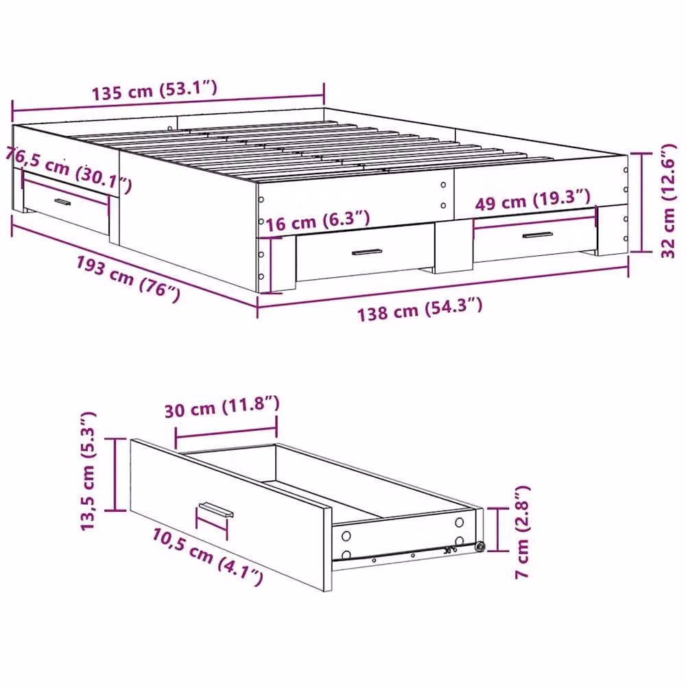 Berkfield Home Modern Bed Frame with Drawers, Grey, W/D/H: 140 x 190 cm – 2