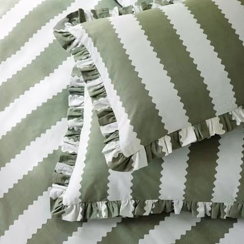 Furn Birdie Stripe Reversible Cotton Pillowcase Pair in Green, W/D/H: 50 x 50 x 50 cm