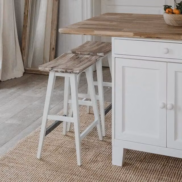 Florence Breakfast Bar Stool in White with Acacia Wood and Metal, Height: 65 cm, Width: 43 cm, Depth: 33 cm
