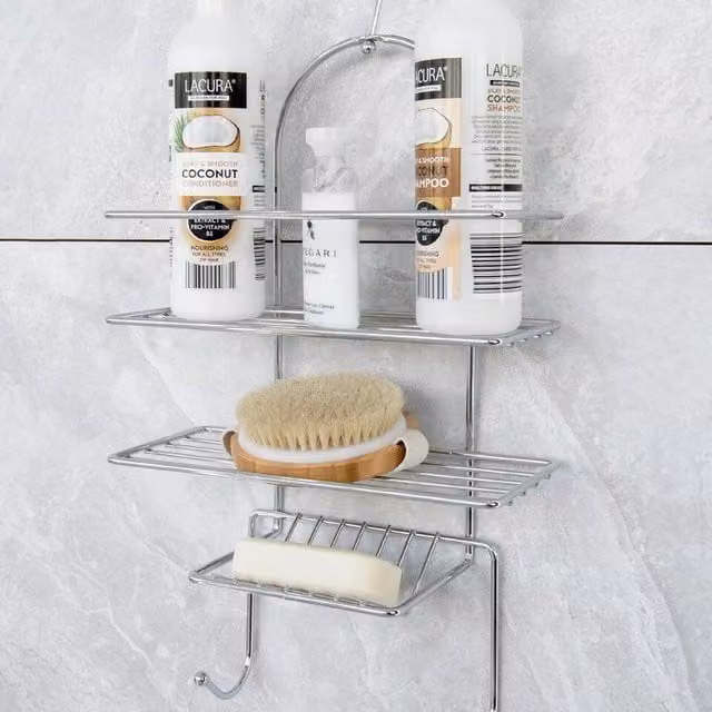 EONLION Silver Triple Shower Caddy Organiser with Hanging Hook Shelf and Rustproof Metal Hooks