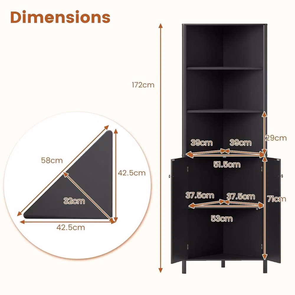 FORGEVIO Modern Tall Corner Storage Cabinet in Black with Hinged Doors and Open Shelf, Height: 172 cm – 2