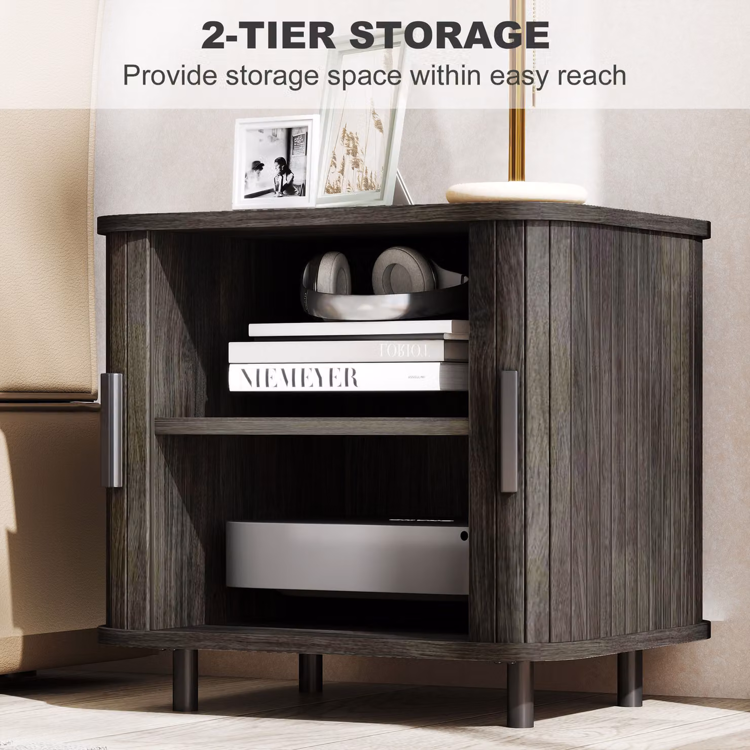 HOMCOM Grey Nordic Bedside Table with Roller Shutter Style Sliding Doors and Metal Legs – 4