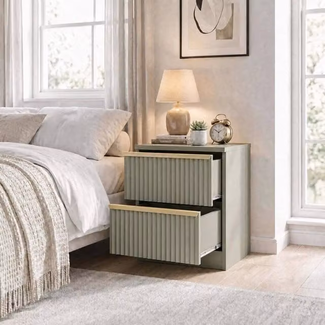 FWStyle Modern Green 2 Drawer Bedside Table with Scalloped Ripple Effect – 1