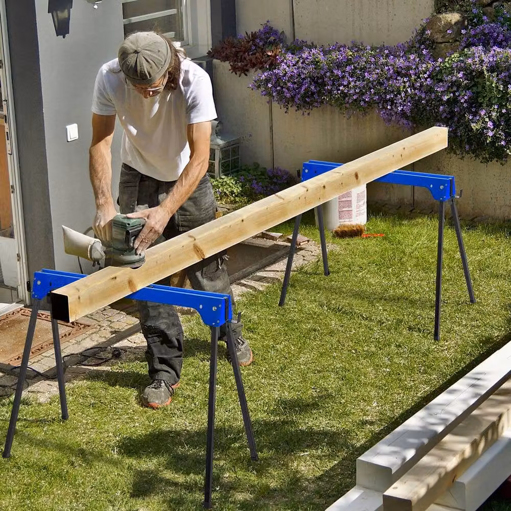 Gymax 2 Pack Folding Metal Sawhorses in Blue – 2