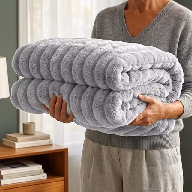 Casabella Striped Ribbed Fleece Polyester Blanket in Silver