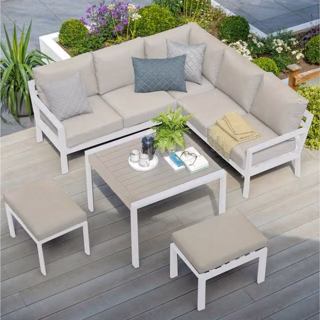 Titchwell 6 Seater Modern L-Shape Mini Corner Garden Sofa Set in Grey with Upholstered Weather Resistant Cushions