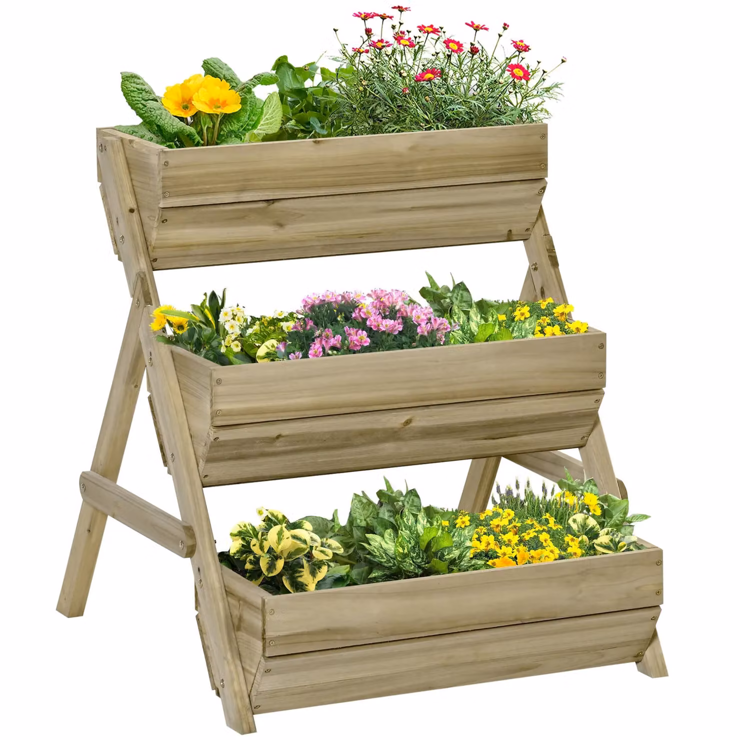 Outsunny 3 Tier Wooden Raised Garden Bed Elevated Planter Box in Green and Brown, W/D/H: 76 x 65 x 23 cm – 2