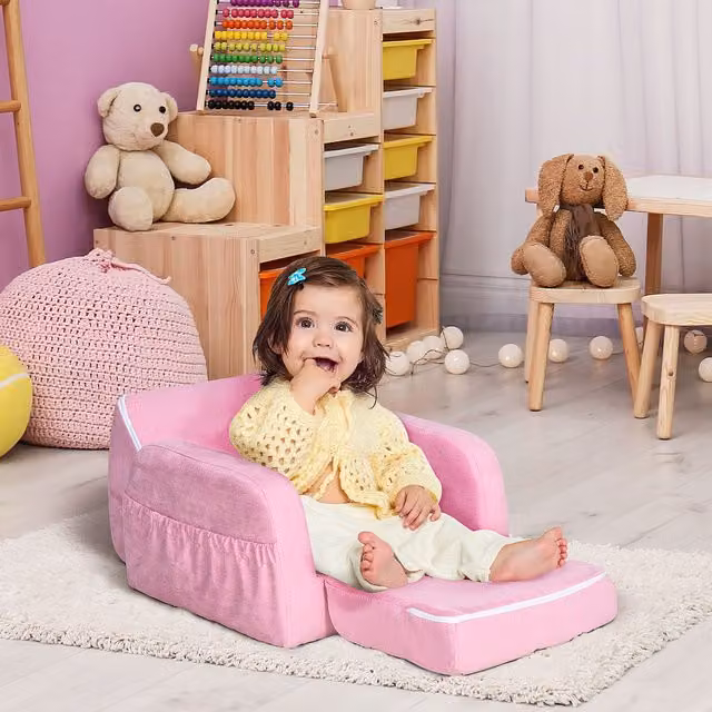 HOMCOM 2-in-1 Pink Velvet Kids Armchair with Solid Wood Frame
