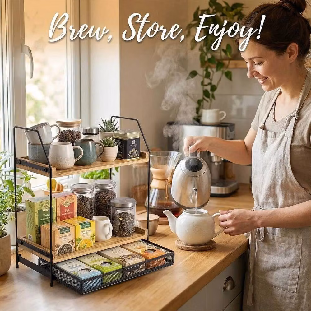 Nordara 2-Tier Countertop Coffee Bar Storage Shelf in Black – 3