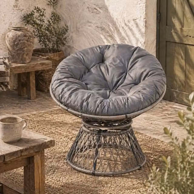 Wyld Haus Grey Rattan Swivel Papasan Moon Chair with Oversized Cushion