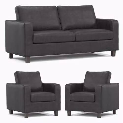 Furnishings For Less UK York 3 Piece Sofa Suite in Black Faux Leather, including 1 x 3 Seater Sofa and 2 x Armchairs – 1