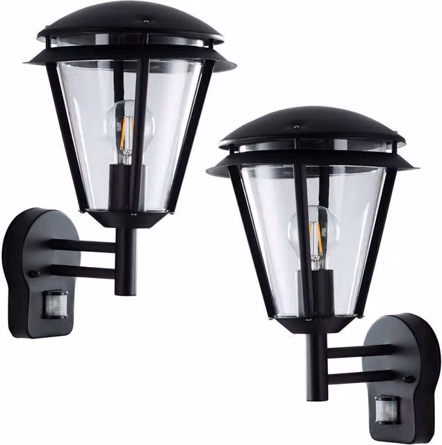 Loops 2 Pack Modern Outdoor Wall Lanterns in Matt Black with Motion Sensor and Timer, IP44 Rated – 1