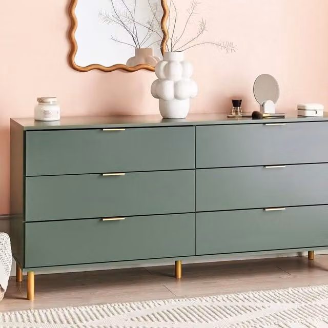 Wyld and Coco 6-Drawer Chest in Green with Gold Accents and Solid Wood Legs – 1