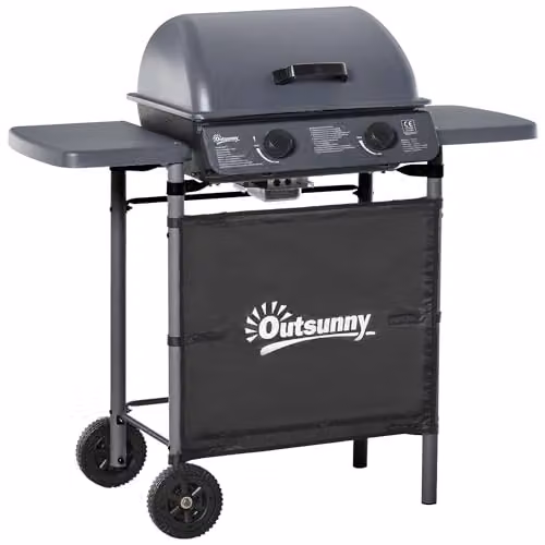 Outsunny 2 Burner Propane Gas Barbecue Grill with Trolley, 5.6 kW, Grey – 1