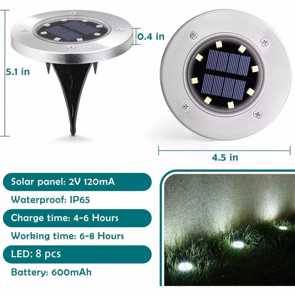 NESTLUNE 4 Pack Solar Powered Recessed Ground Lights in Silver with Cool White Transparent Glass for Garden and Terrace – 2