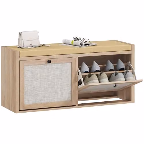 HOMCOM Shoe Bench with 2 Rattan Doors and Padded Fabric Cushion Seat in Brown Oak Wood Effect, W/D/H: 108 x 35 x 50 cm