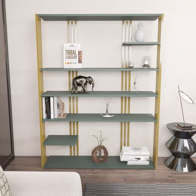 Decorotika Jeni 7-Tier Geometric Bookshelf with Metal and Wood Frame, Green and Gold, H 160.0 x W 120.0 x D 29.6 cm