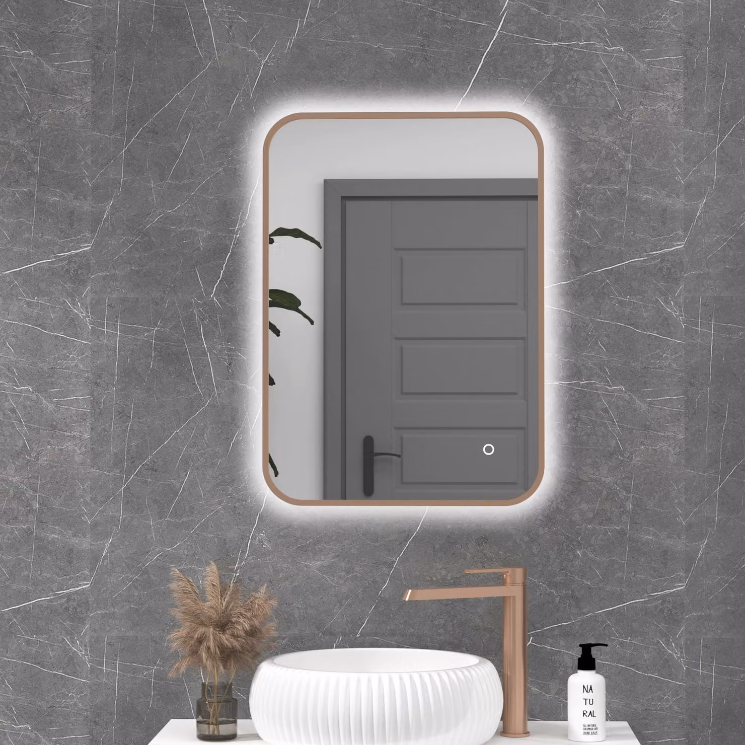 Royal Bathrooms Luton Rectangular LED Illuminated Bathroom Mirror in Brushed Bronze, W: 50 cm, H: 70 cm, with Touch Sensor and Anti-Fog Feature