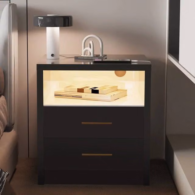 FORGEVIO Modern Black 2-Drawer Bedside Table with Integrated Lighting and USB Charging Port – 1
