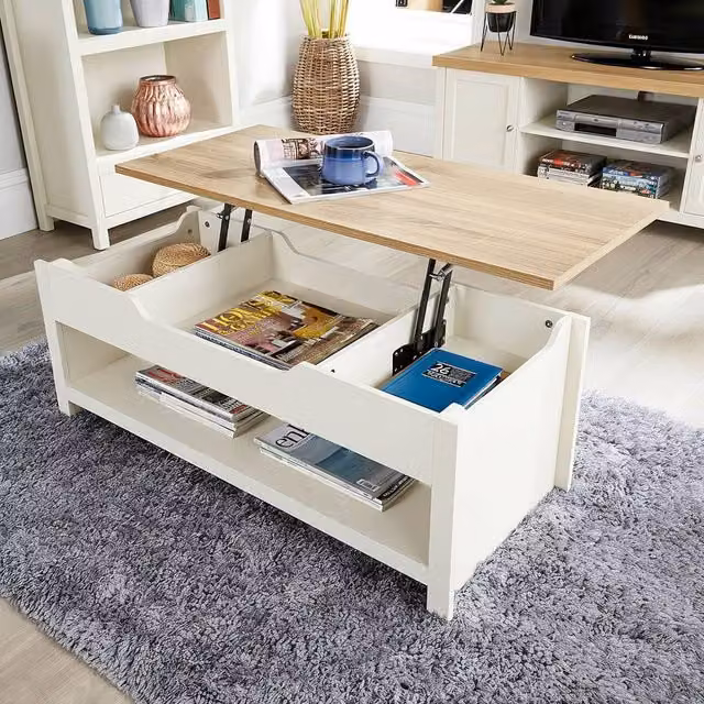 Home Source Avon Lift Up Coffee Table with Oak Top and Storage Shelf in Off-White