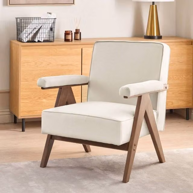 Wyld and Coco Light Beige Linen Look Fabric Armchair with Solid Rubberwood Frame and Pillow Top – 1