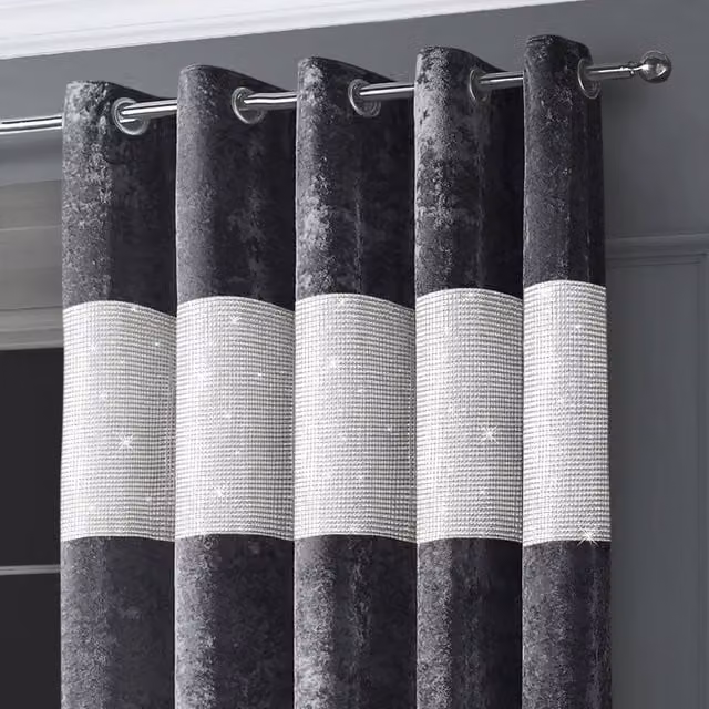 Intimates Diamante Velvet Fully Lined Eyelet Curtains in Charcoal Grey, Width: 168 cm, Drop: 229 cm