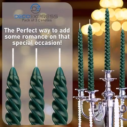 Deco Express Twisted Non Drip Spiral Dinner Candles, Non Scented, Green, Pack of 3 – 7