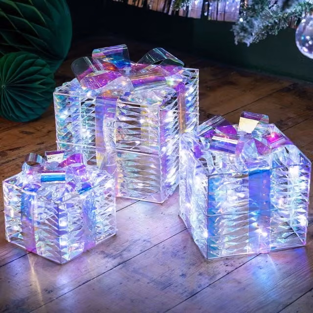 Christow Iridescent LED Light Up Christmas Present Decorations in White and Multicolour